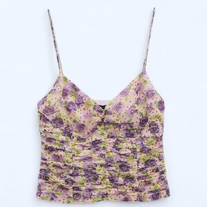 Zara Purple Floral Preppy Ruched Crop Top Euro Summer Beachy Preppy Coastal XS